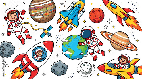 A Large Collection Of Cute Cartoon Astronauts Rocket Ships And Planets In Outer Space On White Background