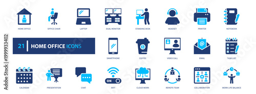 Home office icon set. remote, work, workspace, desk, productivity. solid style icon collection.