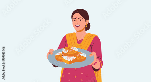 An Indian woman in traditional clothing offering a platter of sweets.