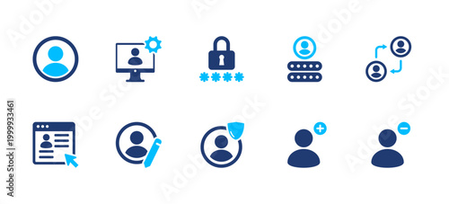User management icon set. account, control, access, profile, system. solid style icon collection.