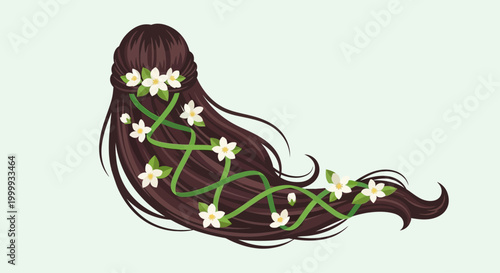 Long brunette hair adorned with white flowers and green vines.