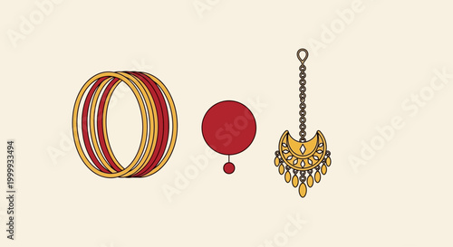 Set of Traditional Indian Bridal Jewelry Including Bangles Bindi and Maang Tikka.
