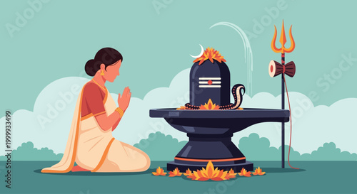 Indian woman praying to Lord Shiva Lingam with trident.