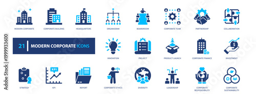 Modern corporate icon set. business, company, management, organization, growth. solid style icon collection.