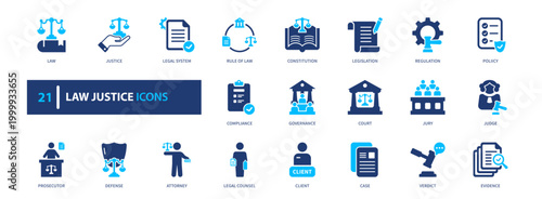 Law justice icon set. legal, court, balance, regulation, justice. solid style icon collection.