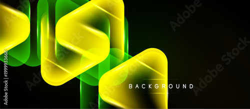 Abstract neon shapes overlap, creating dynamic glowing effect. Dark background emphasizes bright yellow, green hues. Modern design element.