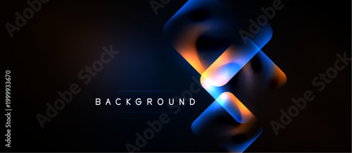 Abstract neon shapes overlap, creating vibrant glow. Dark background emphasizes luminous design elements. Modern, dynamic composition.