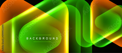 Abstract neon shapes overlap, creating dynamic visual effect. Bright colors contrast against dark background. Modern design element.