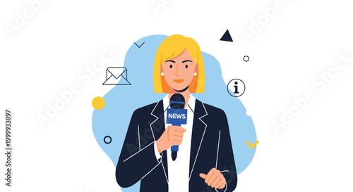 Professional female news reporter with blonde hair holding a microphone and speaking to the camera against a light blue abstract background shape.