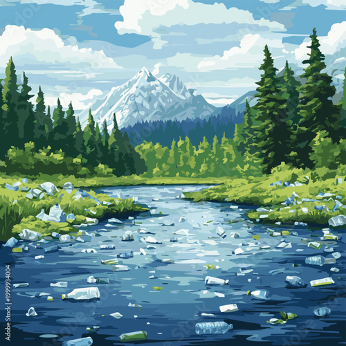 A polluted river surrounded by mountains and forests, highlighting the impact of waste on nature.