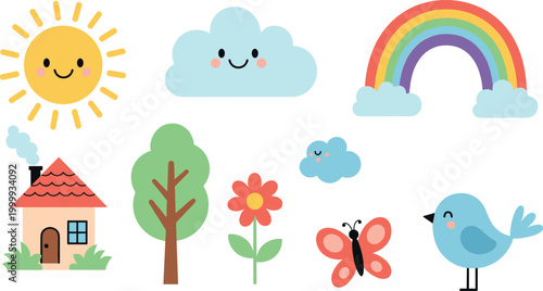 A Large Collection Of Cute Cartoon Nature Elements Featuring A Smiling Sun Rainbow Cloud House And Animals