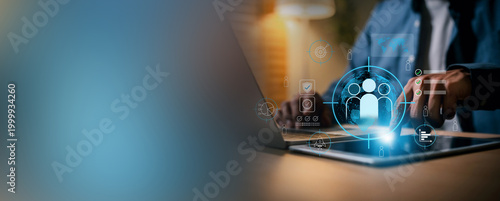Foto Businessman showing digital customer relationship management , market research, user analytics, audience targeting, CRM, data driven strategy, business intelligence