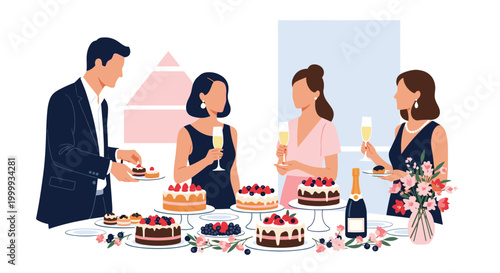 Group of stylish people enjoying a festive party with many delicious cakes on a table while holding glasses of champagne and talking together.