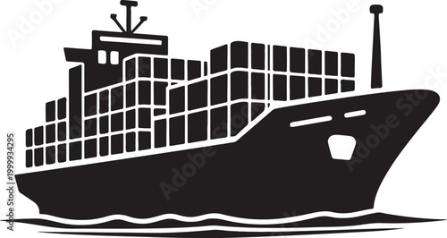 Commercial maritime freight ship vector icon, Large container ship carrying cargo crates, Modern freight vessel for maritime logistics, Industrial cargo ship illustration in black