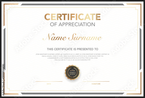 Modern elegant luxury certificate of appreciation template design with black and gold border, premium seal. Blank diploma vector for award, graduation, achievement recognition, or completion.
