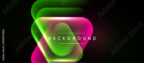 Abstract neon shapes overlap, creating vibrant gradients. Dark background emphasizes glowing colors, text reads background. Modern design element.