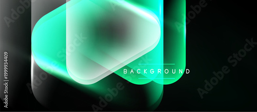 Abstract neon shapes overlap, creating glowing effect. Dark background emphasizes vibrant turquoise hues, modern design element.