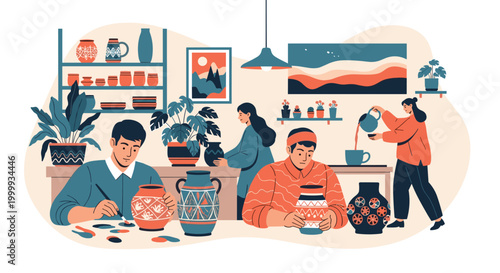 Group of creative artists working in a pottery studio while carefully painting and decorating various clay vases with intricate patterns.