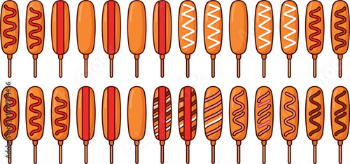 A Large Collection Of Delicious Cartoon Corn Dogs With Various Toppings And Sauces On A White Background