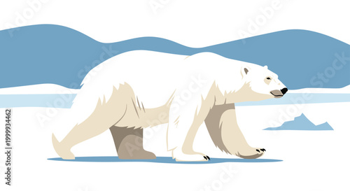 Large white polar bear walking across a vast frozen landscape of ice and snow under a clear blue sky in the cold arctic wilderness region.