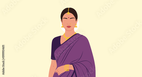 Elegant South Asian woman wearing a traditional purple saree and gold jewelry, showcasing cultural beauty on a plain background.