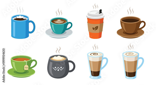 coffee cups collection in colorful vector style