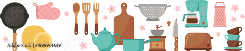 Kitchen utensils vector set with coffee maker toaster pans wooden spoons and cute floral cooking elements.
