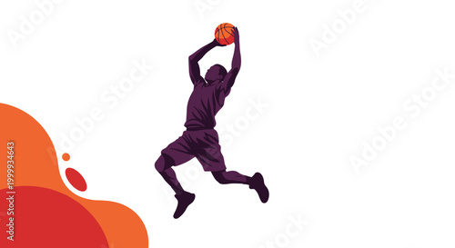 Basketball player in purple uniform performing a jump shot against a white background with abstract orange and red fluid shapes on the side.