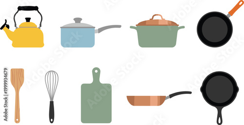 Kitchen cookware and tools vector set featuring kettle pots frying pans whisk and wooden spatula icons.