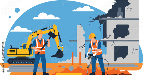 Construction site demolition vector illustration with workers using jackhammer sledgehammer and yellow excavator near building.