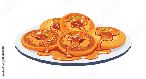 Illustration of a stack of golden pancakes with sweet syrup topping.
