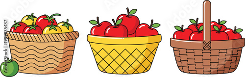 Red and yellow apple basket vector set featuring wicker containers overflowing with fresh ripe harvest.