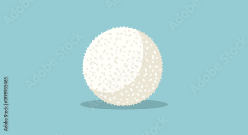 A single white rice ball on a solid light blue background.