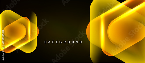 Abstract geometric shapes overlap, creating glowing effect. Dark background emphasizes bright yellow, orange hues. Modern design element.