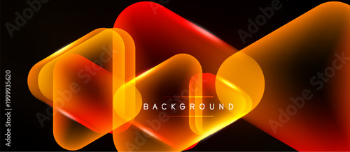 Abstract neon shapes overlap, creating vibrant orange, red glow. Dark background emphasizes luminosity, modern design element.