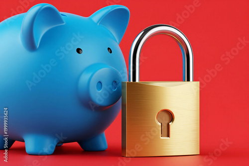 Golden padlock stands beside blue piggy bank. Bright red background highlights security and saving.