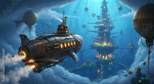 Steampunk submarine in a fantastical sky discovering an enchanting underwater city amidst mystical clouds