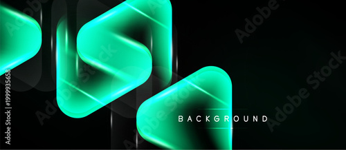 Abstract geometric shapes, vibrant turquoise hues, dark background. Modern design, glowing effects, dynamic composition. Minimalist aesthetic.