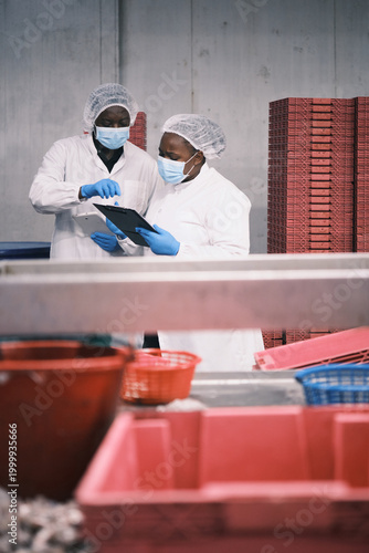 Two African American factory supervisors discuss and examine quality control, inspect and monitor fish chopping, and food production process in chilled, sterile warehouse, for logistics distribution.