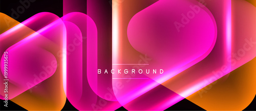 Abstract shapes overlap, creating vibrant gradients. Pink, orange hues dominate dark background. Modern design element.