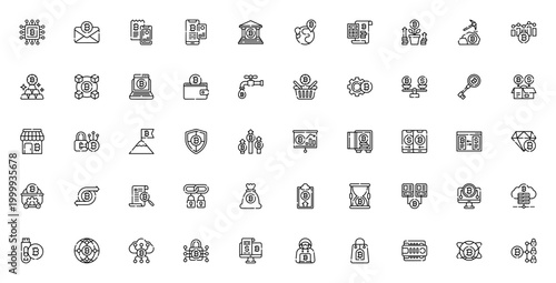 Bitcoin icon set. Cryptocurrency vector pack. Minimalist thin line icons. Includes symbols for mining, blockchain, wallet, exchange, security, payment, cpu and more. Editable stroke.
