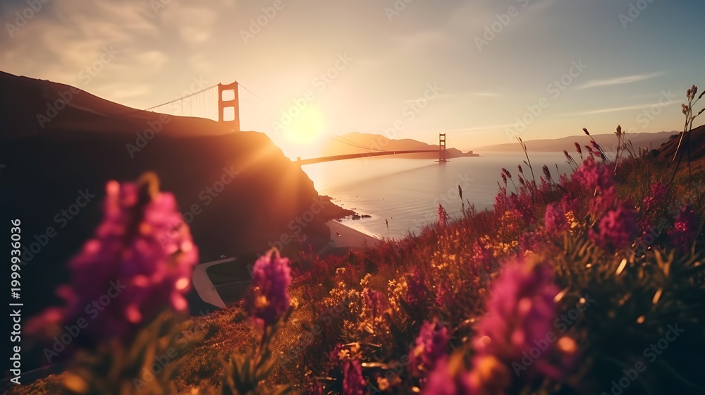 Fototapeta premium Golden Gate Bridge at sunset with wildflowers in the foreground