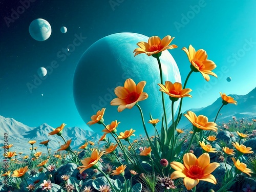 Colorful flowers grow on a distant planet with multiple moons and mountains in the background at daytime