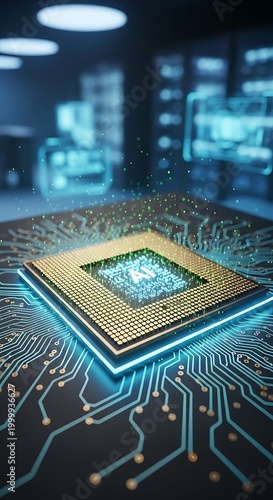 Illuminated central processing unit radiates intelligence over a complex circuit board design