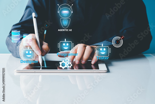 Employee using Agentic AI for production planning. Corporate employee using agentic AI for automated product data entry, analytical processing, and strategic manufacturing production planning.
