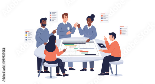 A diverse team of professionals collaborates around a table, planning and discussing a project timeline in a modern flat illustration style.