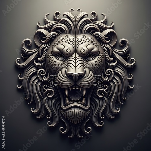 Ornate metallic bas-relief sculpture depicts a roaring feline head with detailed swirling mane elements against a dark backdrop