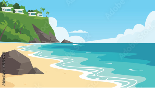 Long Shoreline Bali Beach Flat Design Illustration