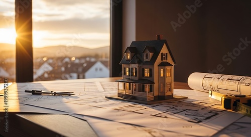 Miniature dwelling model sits on architectural blueprints during a warm sunset overlooking a town