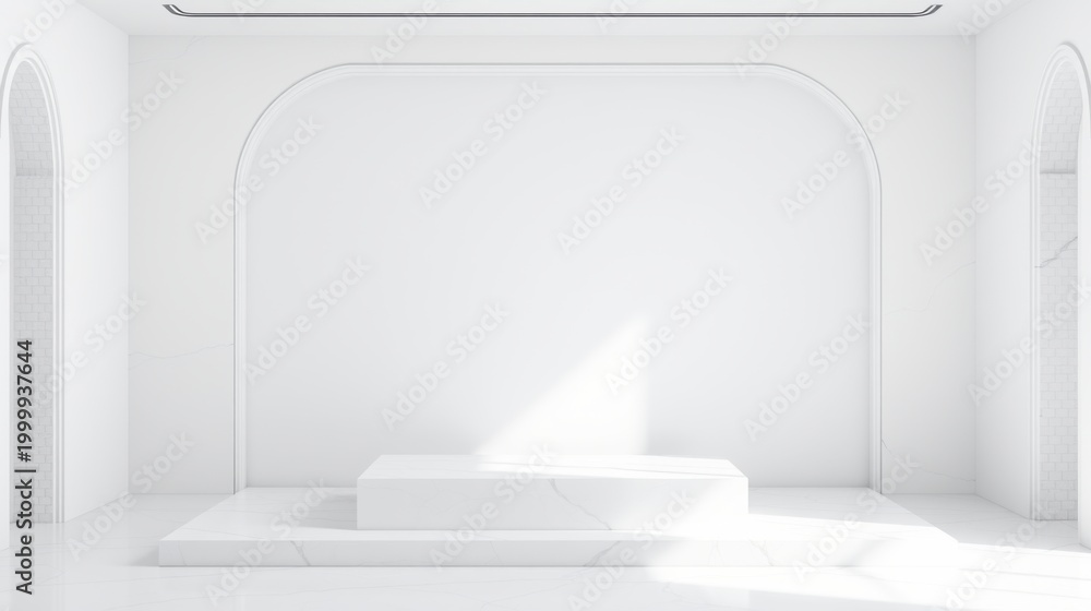 Fototapeta premium Minimalist interior. White room features stepped platform, arched doorways. Soft light creates dramatic shadow play. Clean aesthetic.